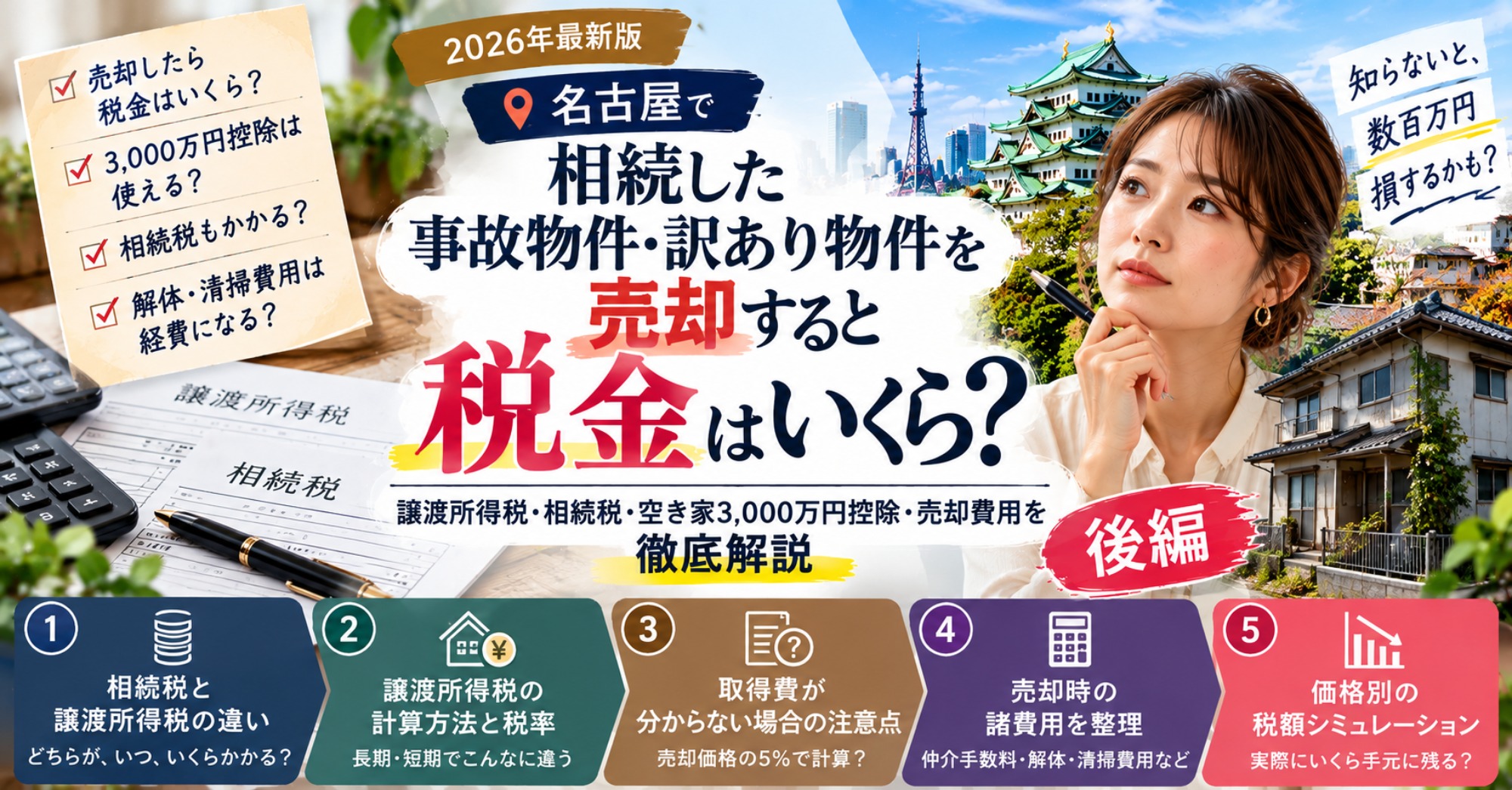 名古屋で相続した事故物件・訳あり物件を売却すると税金はいくら？譲渡所得税・相続税・空き家3,000万円控除・売却費用を徹底解説【2026年最新版】｜名古屋仏縁不動産（運営：（株）愛知不動産売却センター） 1