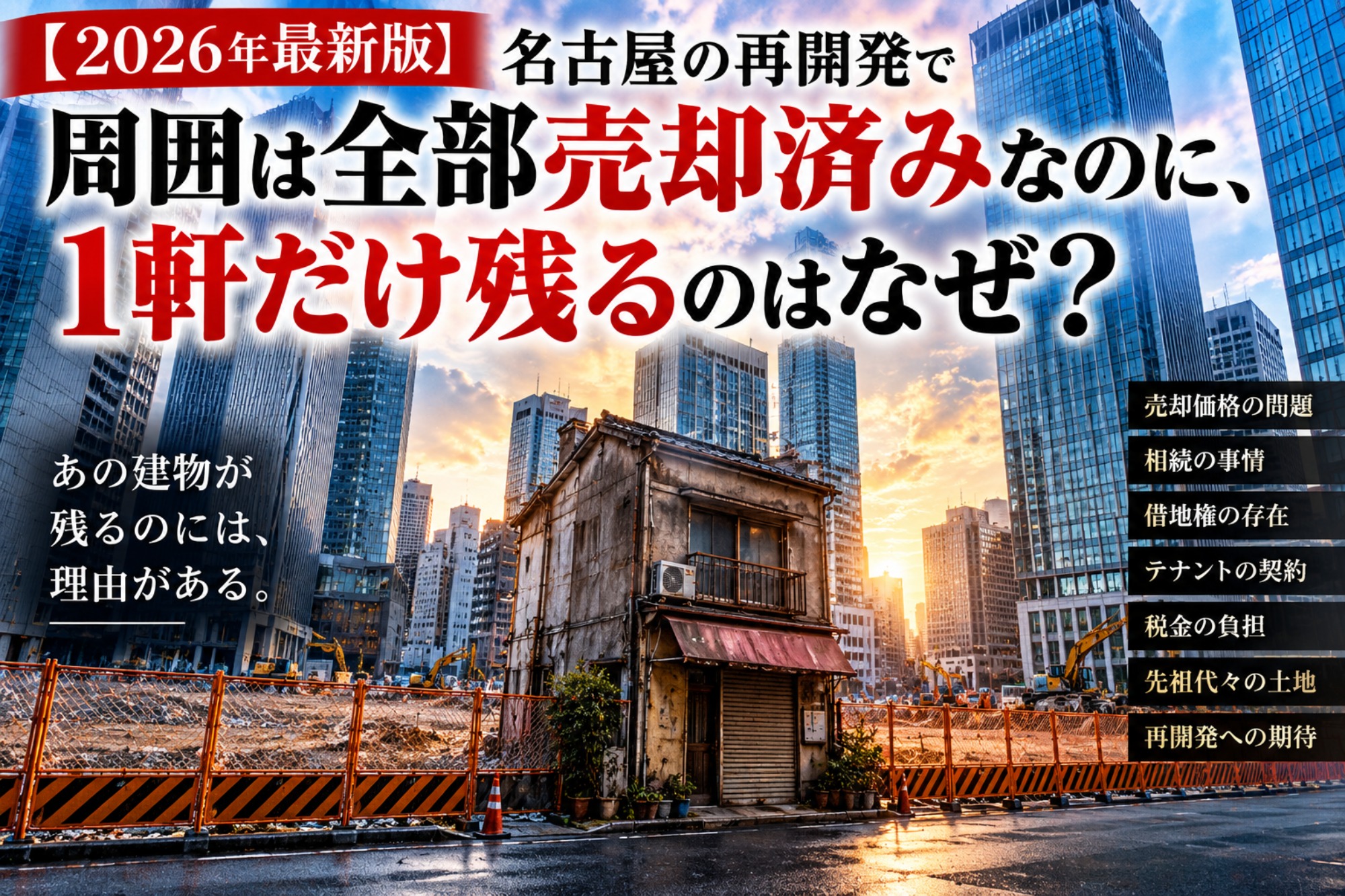 【2026年最新版】周囲は全部売却済みなのに、なぜ1軒だけ売らない？名古屋の再開発で取り残された土地・建物の事情と売却できない理由を徹底解説（運営：（株）愛知不動産売却センター） 1